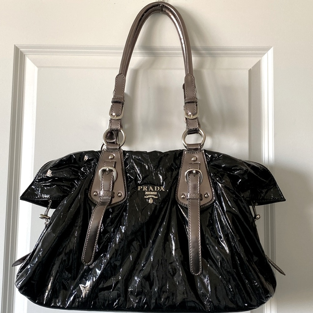 PRADA MILANO DAL 1913 Over the Shoulder Purse. Metallic Silver Leather Handles.